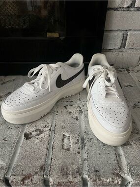 Nike White Platform Leather Sneakers with BROWN Swoosh - Women